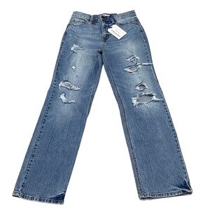 Eunina NWT Codi Super High Rise Dad Jean Pulp Fiction Distress Denim Blue Size 7